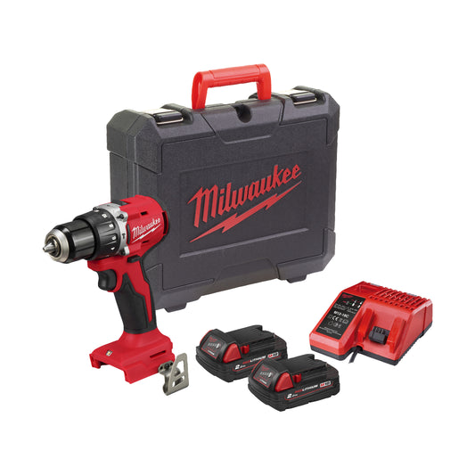 MILWAUKEE M18 Kompaktná bezuhlíková príklepová vŕtačka, s 2xM18B2, M12-18C & balené v BMC, verzia EÚ